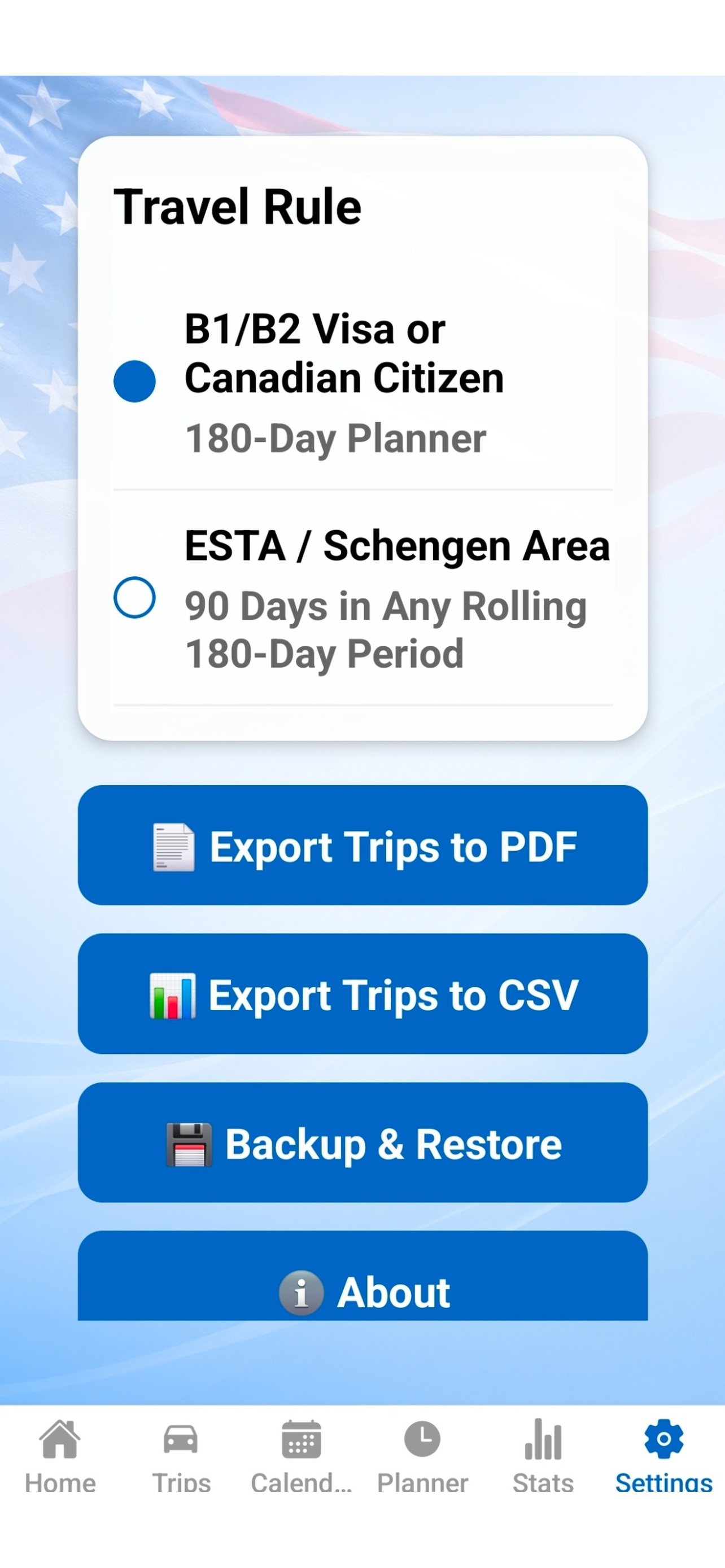 US Stay Tracker Settings